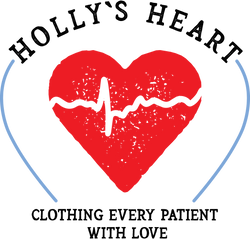 Holly's Heart Logo. A red heart with a heart beat wave in the middle. Below the motto 'Clothing Every Patient With Love'
