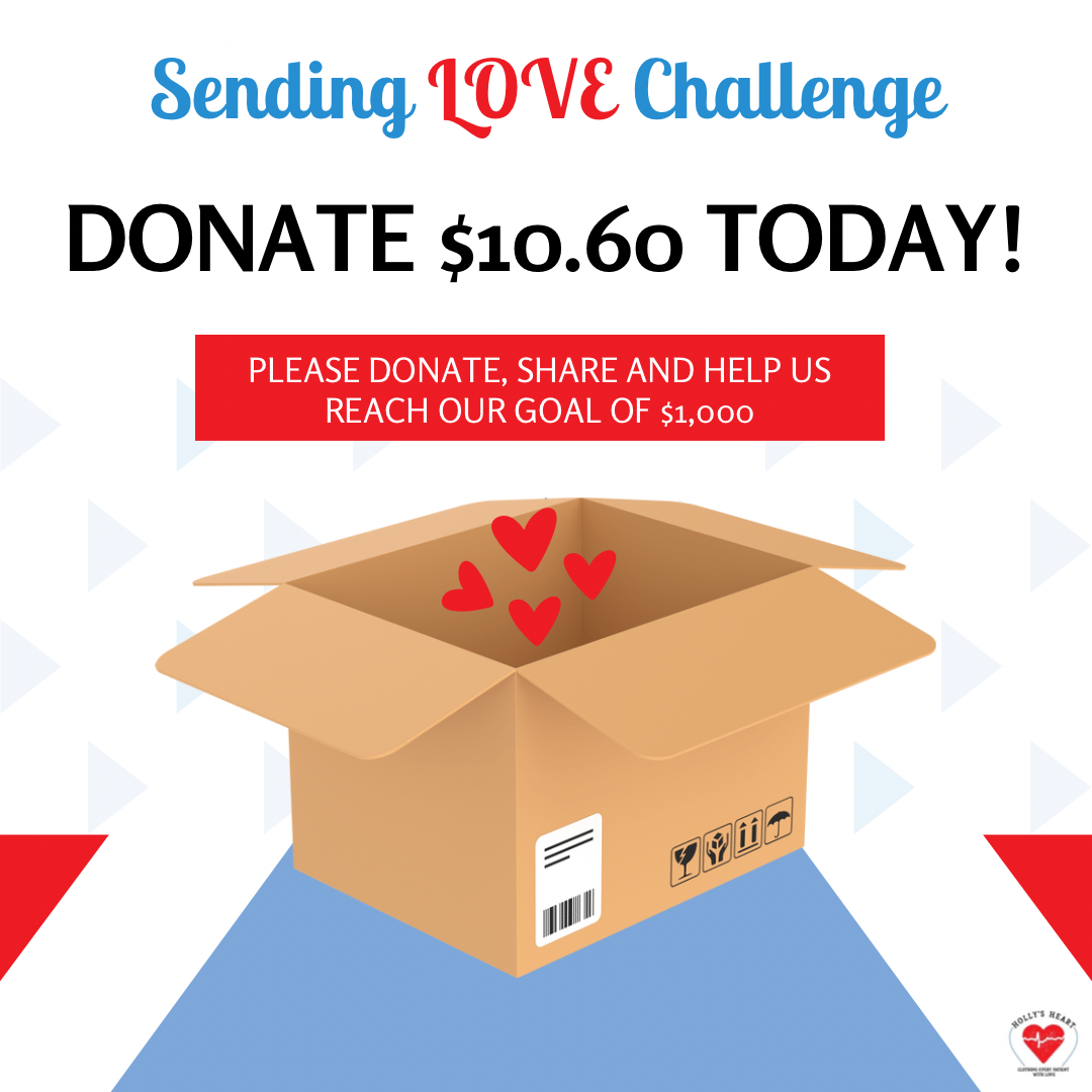 A digital image of a box with little red hearts floating out of the box. The image says 'Sending LOVE Challenge, Donate $10.60 Today! Please donate, share and help us reach our goal of $1000'
