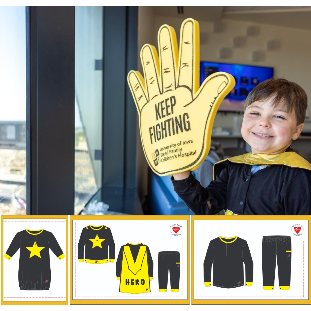 A young boy with a big smile wearing the University of Iowa black and yellow super hero hospital gown alternative. He has a large yellow foam hand that says 'Keep Fighting'. This is part of the University of Iowa Hawkeye Wave. Bellow the image shows details of the Super hero hospital gown alternative.