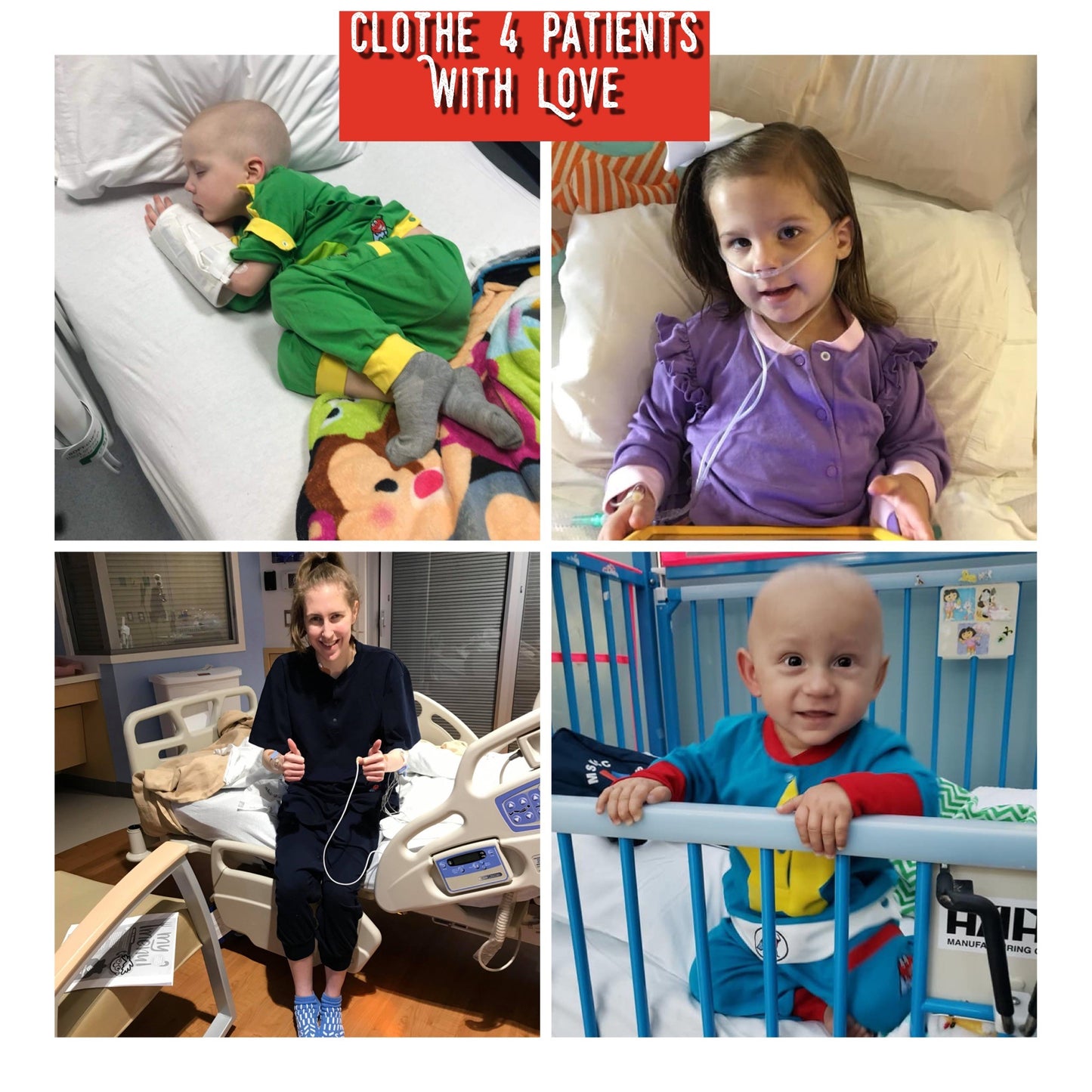 An image of four kids. The top left shows a young child asleep in their hospital gown alternative. The top right shows a young girl smiling wearing a purple hospital gown alternative. The bottom left shows a young adult sitting on the edge of a hospital bed. They have two thumbs up, wearing a black hospital gown alternative. The bottom right show a young child in a crib wearing a hospital gown alternative with yellow star on the front.