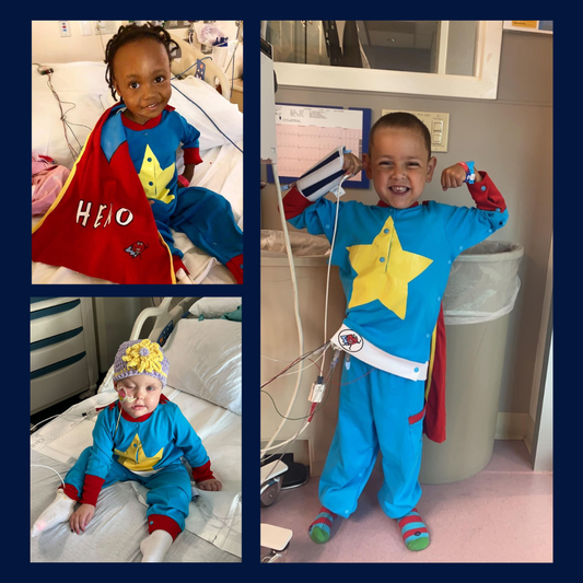 Three photos of children wearing the super hero hospital gown alternative. The top Left shows a young child in a hospital bed with a smile showing off their super hero cape. The bottom left shows a young toddler in the hospital bed wearing the super hero hospital gown alternative. The right hand is a young boy connected to hospital equipment, his arms are flexed in a super hero pose, wearing the hospital gown alternative with a bight yellow star on the front.