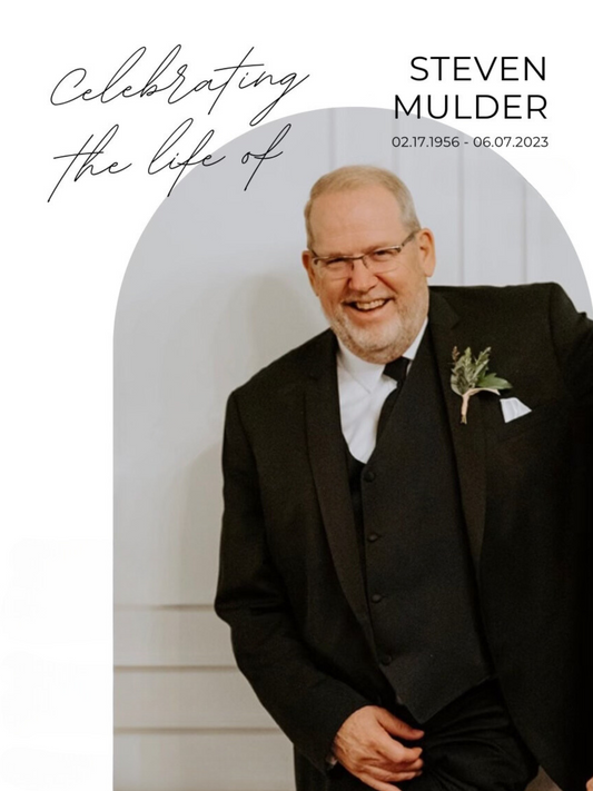 A photo celebrating the life of Steve Mulder. Steve has a big smile and is wearing a black tuxedo. Go Hawks! Hawkeye Wave.