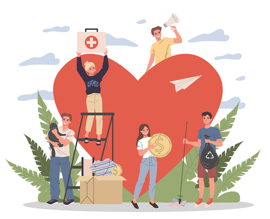 Animated art that shows a group of volunteers working around a large red heart. 